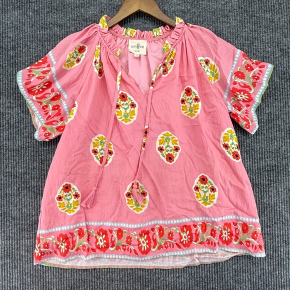Umgee Tops - Umgee Blouse Womens Small Pink Excellent Floral Boho Tassel Tie V-Neck Top